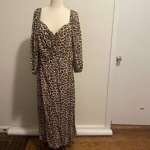 H&M Leopard Midi Dress Long Puffed Sleeves Women's Size XL